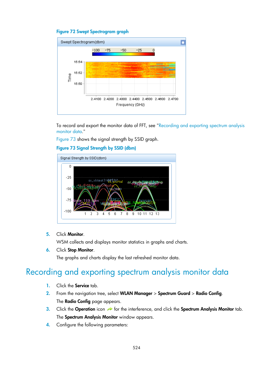 Recording and exporting spectrum analysis, Monitor data, Recording and exporting | Spectrum analysis monitor data, Figure 72 | H3C Technologies H3C Intelligent Management Center User Manual | Page 546 / 751