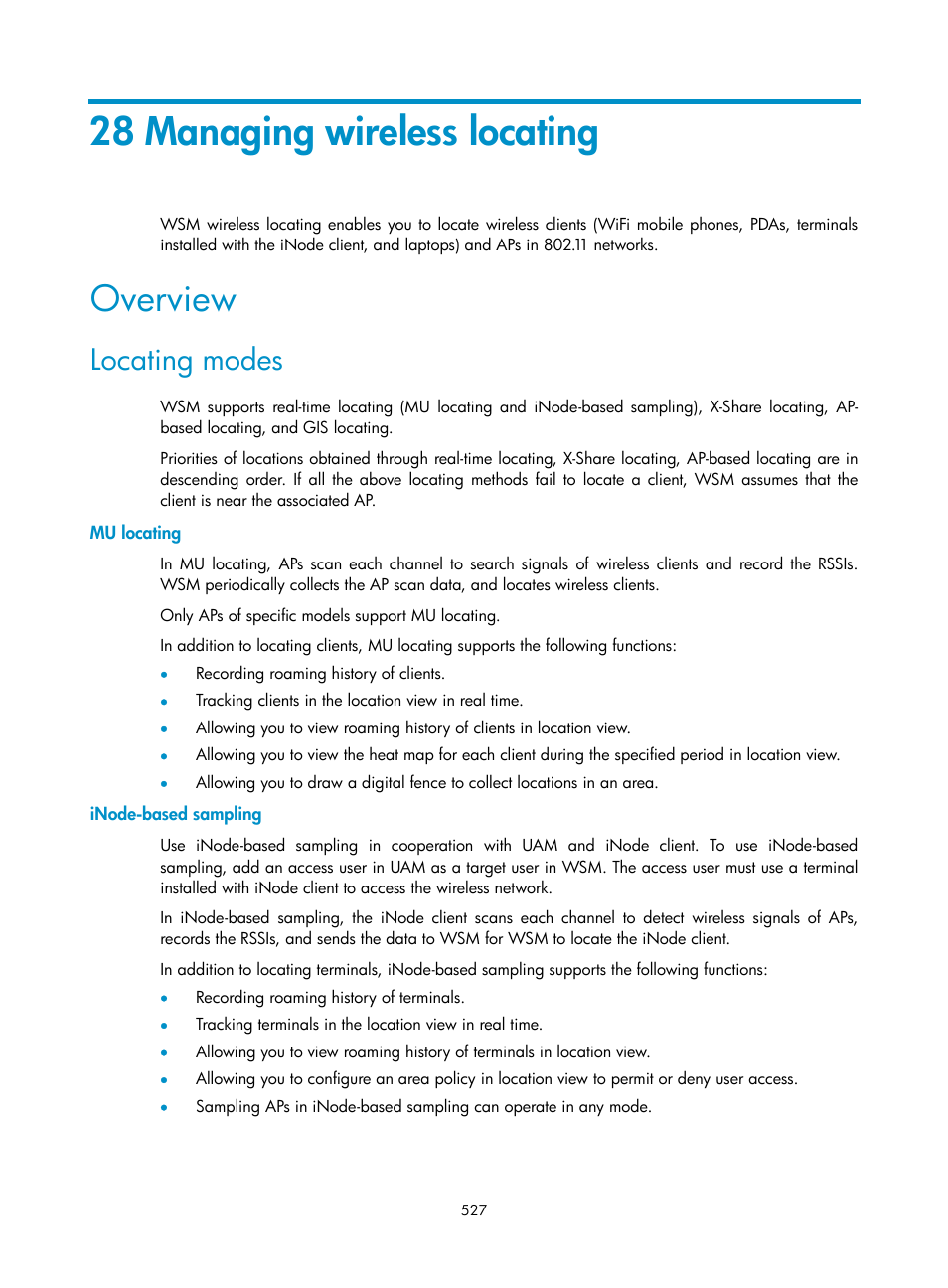 28 managing wireless locating, Overview, Locating modes | Mu locating, Inode-based sampling, For more information, see, 28 managing wireless, Locating | H3C Technologies H3C Intelligent Management Center User Manual | Page 549 / 751