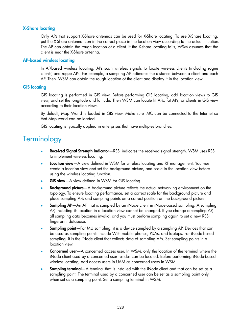 X-share locating, Ap-based wireless locating, Gis locating | Terminology | H3C Technologies H3C Intelligent Management Center User Manual | Page 550 / 751