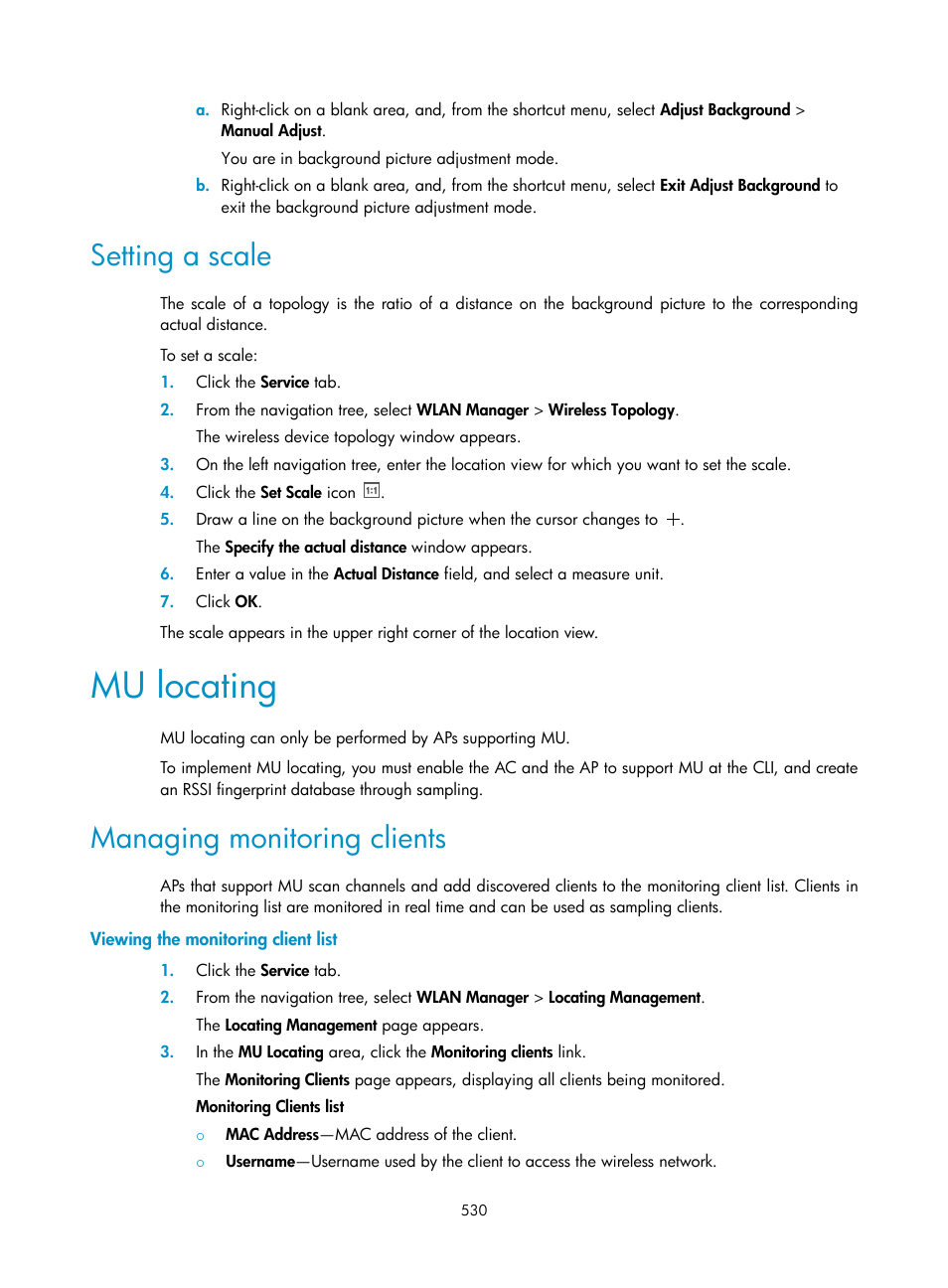 Setting a scale, Mu locating, Managing monitoring clients | Viewing the monitoring client list, Locating | H3C Technologies H3C Intelligent Management Center User Manual | Page 552 / 751