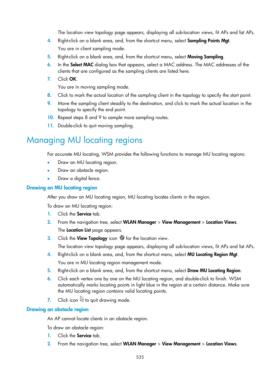 Managing mu locating regions, Drawing an mu locating region, Drawing an obstacle region | H3C Technologies H3C Intelligent Management Center User Manual | Page 557 / 751