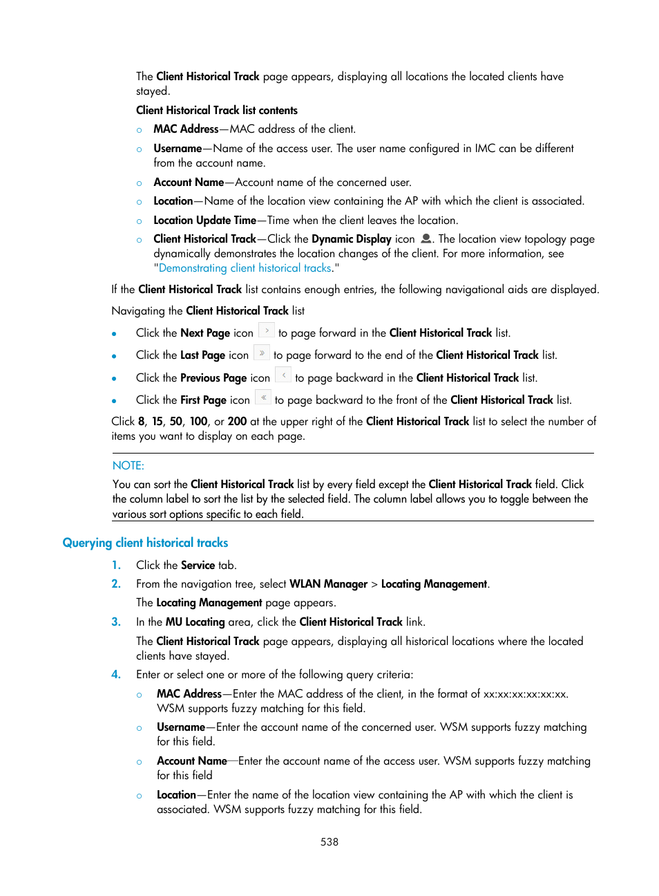 Querying client historical tracks | H3C Technologies H3C Intelligent Management Center User Manual | Page 560 / 751