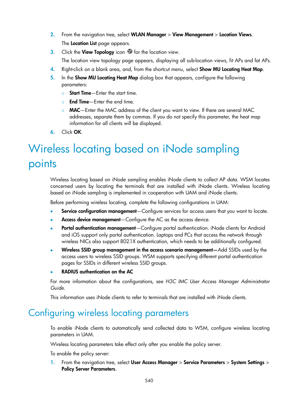 Wireless locating based on inode sampling points, Configuring wireless locating parameters, Wireless locating | Based on inode sampling points | H3C Technologies H3C Intelligent Management Center User Manual | Page 562 / 751