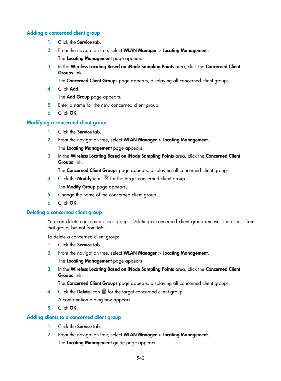 Adding a concerned client group, Modifying a concerned client group, Deleting a concerned client group | Adding clients to a concerned client group | H3C Technologies H3C Intelligent Management Center User Manual | Page 564 / 751