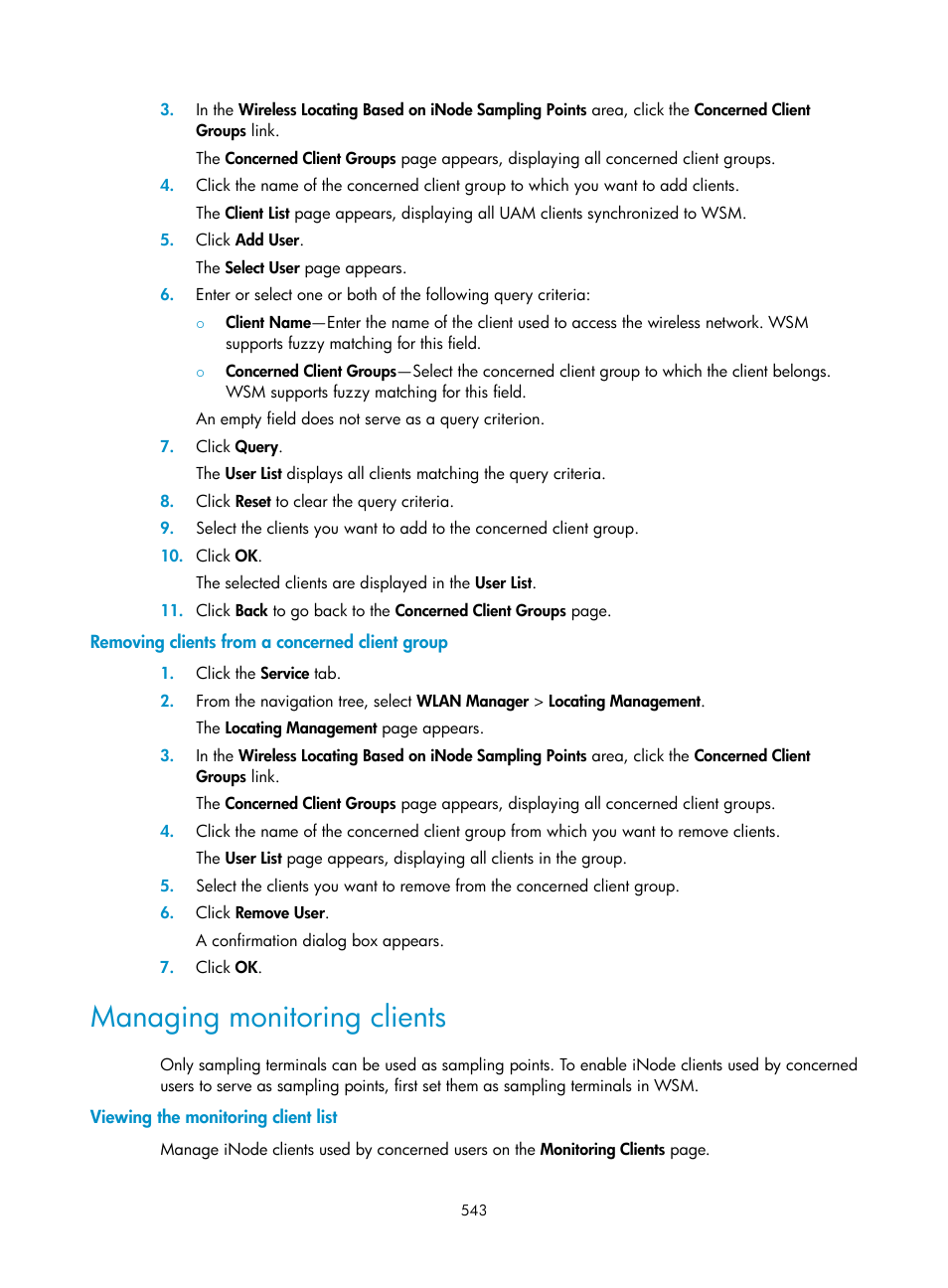 Removing clients from a concerned client group, Managing monitoring clients, Viewing the monitoring client list | H3C Technologies H3C Intelligent Management Center User Manual | Page 565 / 751