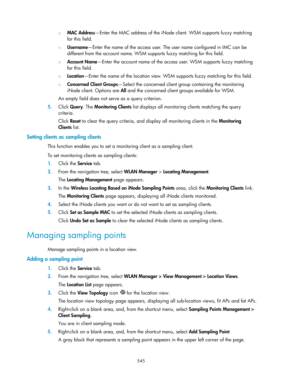 Setting clients as sampling clients, Managing sampling points, Adding a sampling point | H3C Technologies H3C Intelligent Management Center User Manual | Page 567 / 751