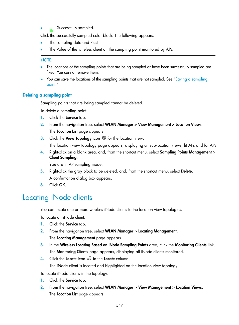 Deleting a sampling point, Locating inode clients | H3C Technologies H3C Intelligent Management Center User Manual | Page 569 / 751