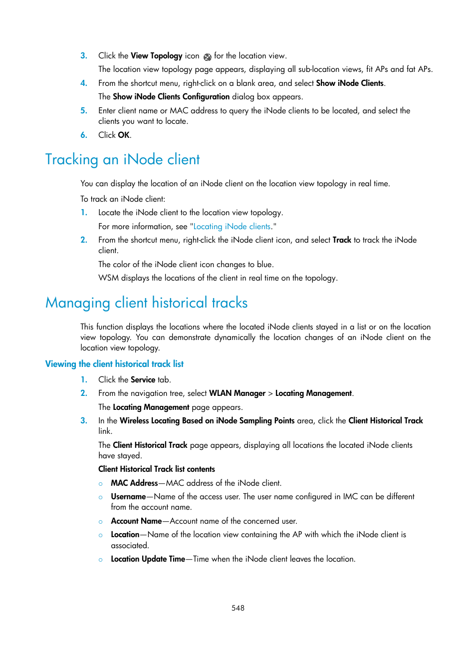 Tracking an inode client, Managing client historical tracks, Viewing the client historical track list | H3C Technologies H3C Intelligent Management Center User Manual | Page 570 / 751