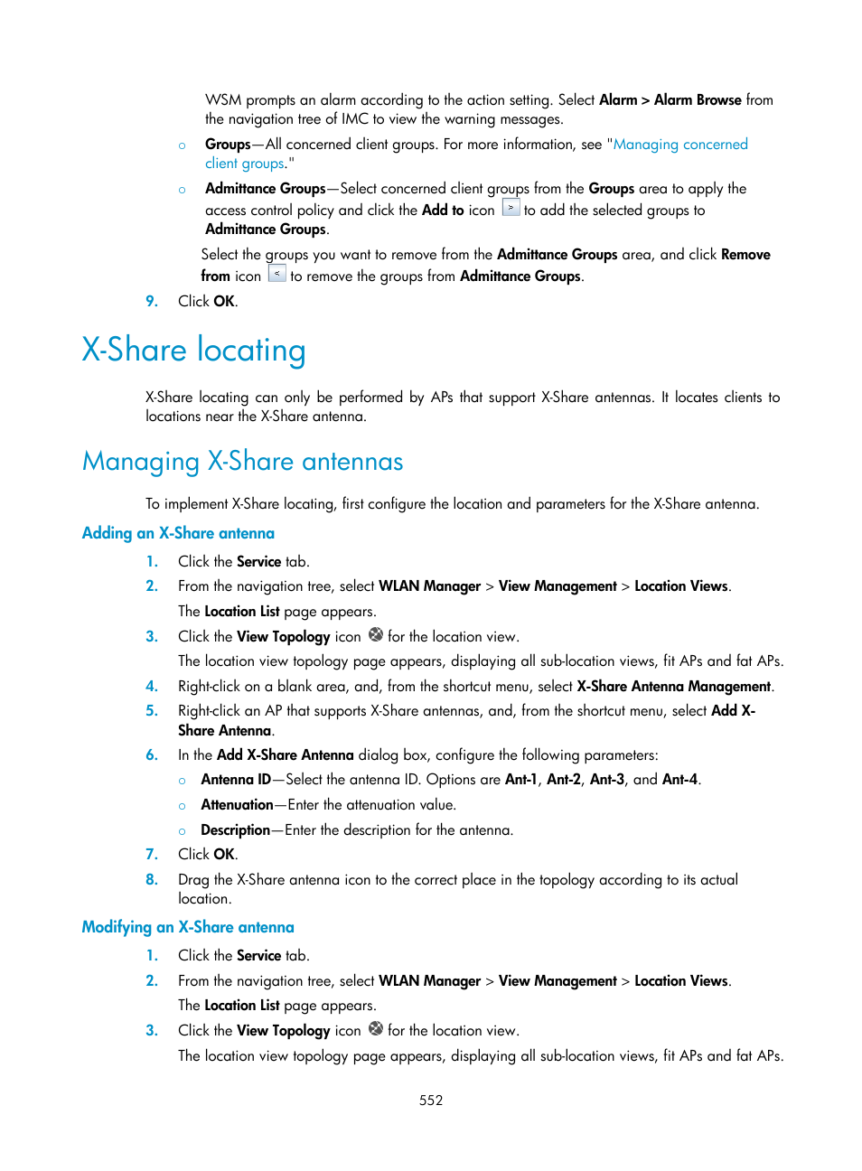 X-share locating, Managing x-share antennas, Adding an x-share antenna | Modifying an x-share antenna | H3C Technologies H3C Intelligent Management Center User Manual | Page 574 / 751