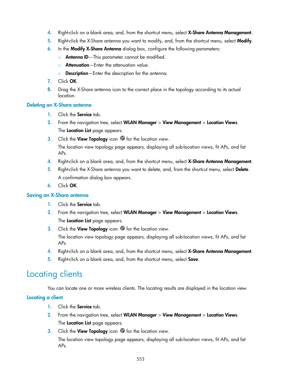 Deleting an x-share antenna, Saving an x-share antenna, Locating clients | Locating a client | H3C Technologies H3C Intelligent Management Center User Manual | Page 575 / 751