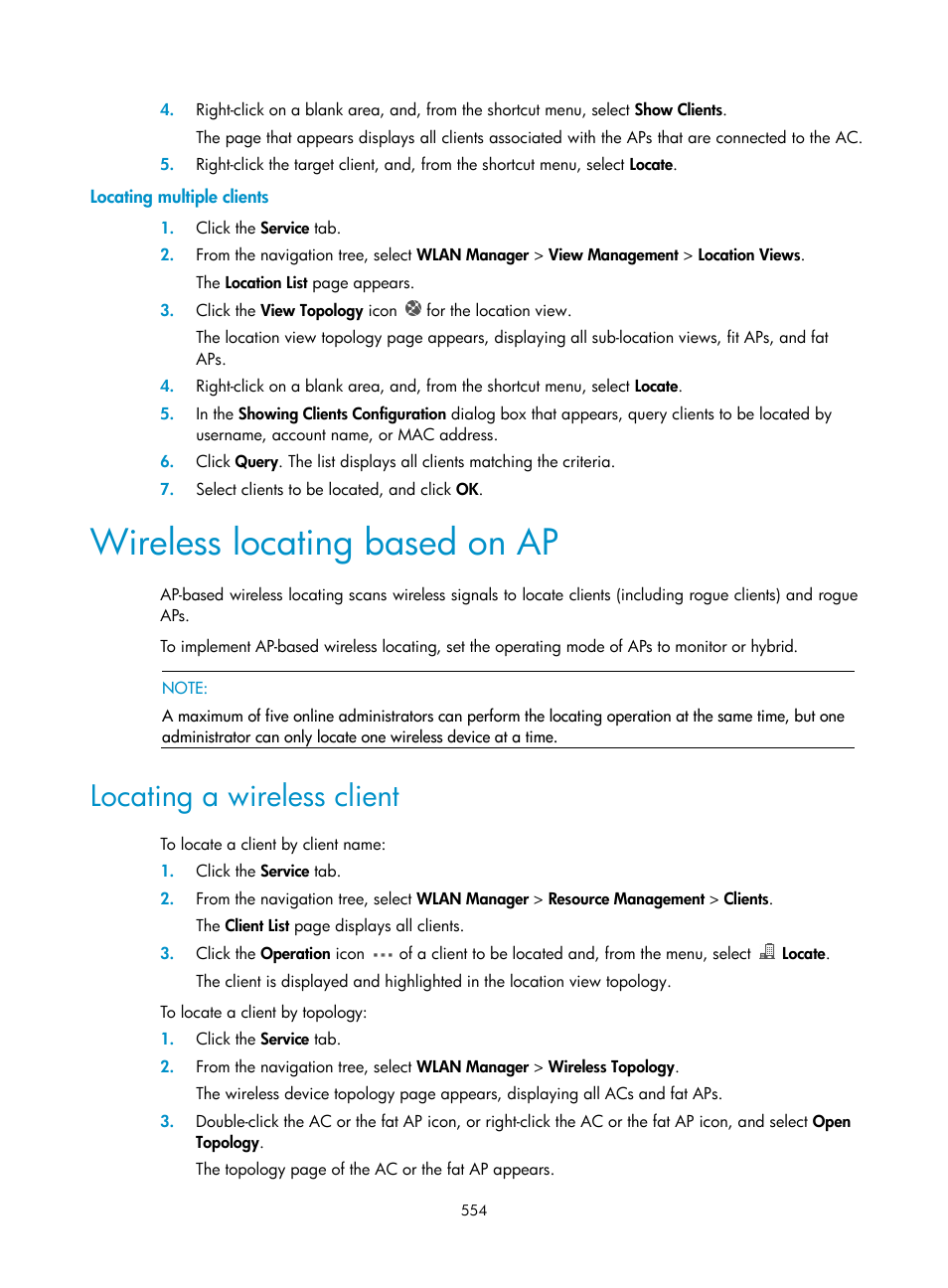 Locating multiple clients, Wireless locating based on ap, Locating a wireless client | H3C Technologies H3C Intelligent Management Center User Manual | Page 576 / 751