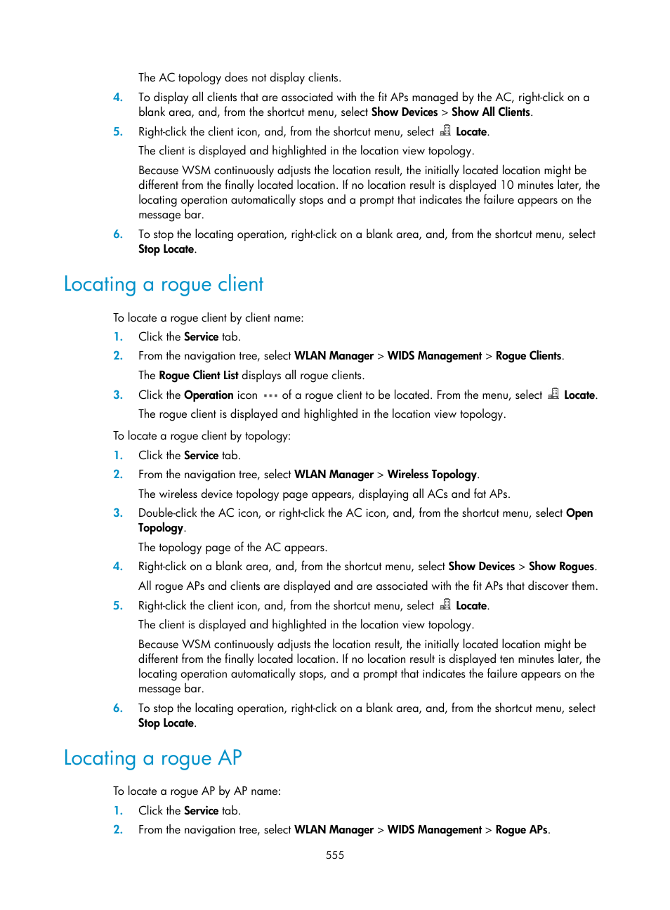 Locating a rogue client, Locating a rogue ap | H3C Technologies H3C Intelligent Management Center User Manual | Page 577 / 751