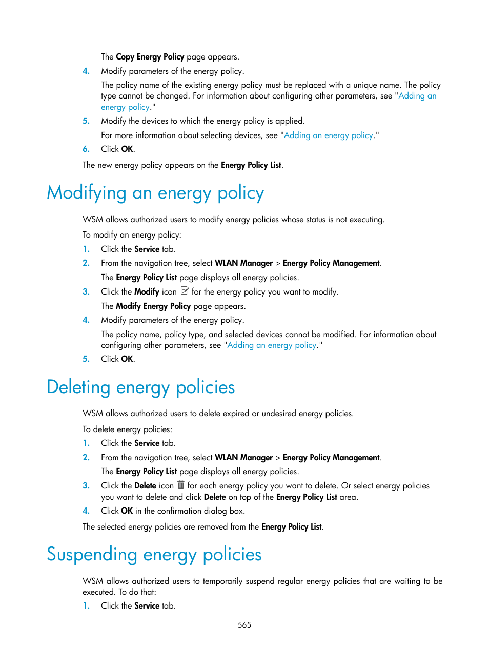 Modifying an energy policy, Deleting energy policies, Suspending energy policies | H3C Technologies H3C Intelligent Management Center User Manual | Page 587 / 751