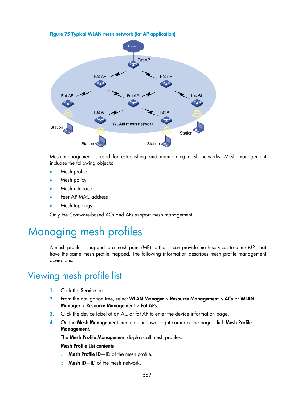 Managing mesh profiles, Viewing mesh profile list | H3C Technologies H3C Intelligent Management Center User Manual | Page 591 / 751