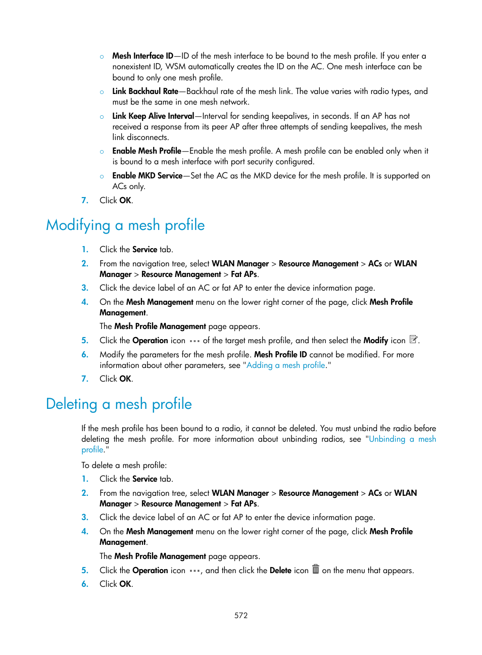 Modifying a mesh profile, Deleting a mesh profile | H3C Technologies H3C Intelligent Management Center User Manual | Page 594 / 751