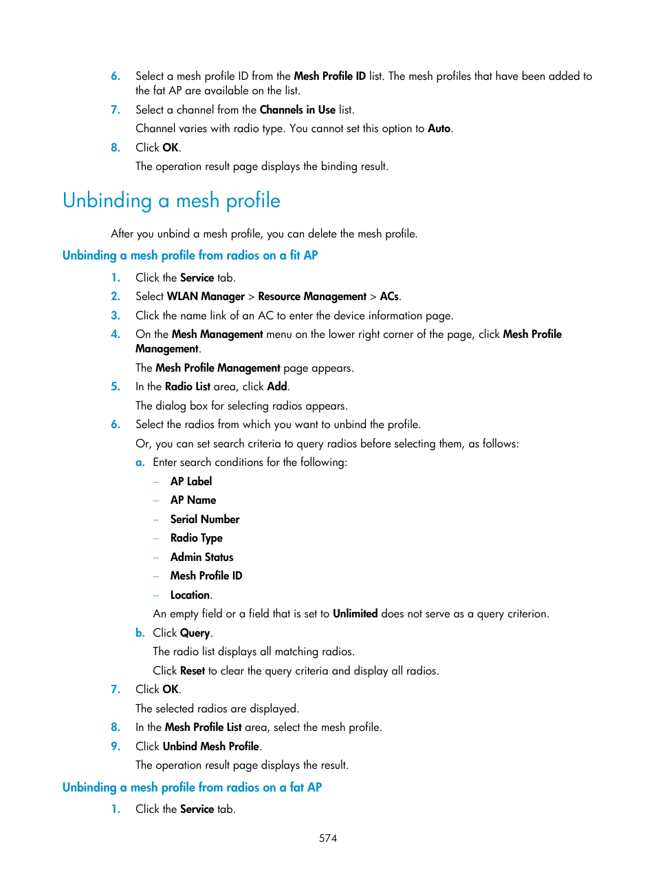 Unbinding a mesh profile, Unbinding a mesh profile from radios on a fit ap, Unbinding a mesh profile from radios on a fat ap | Unbinding a mesh, Profile | H3C Technologies H3C Intelligent Management Center User Manual | Page 596 / 751