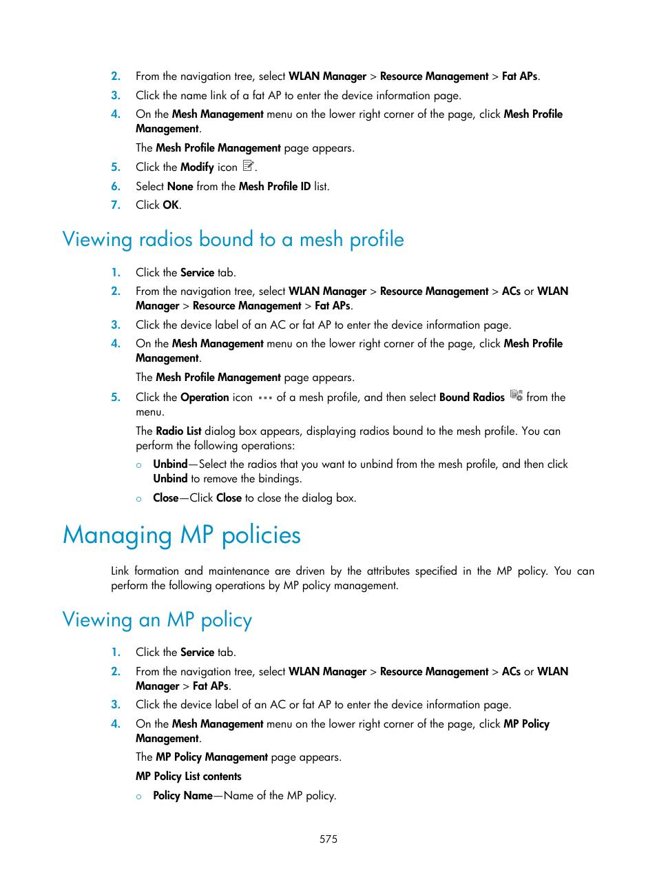 Viewing radios bound to a mesh profile, Managing mp policies, Viewing an mp policy | Ation, see | H3C Technologies H3C Intelligent Management Center User Manual | Page 597 / 751