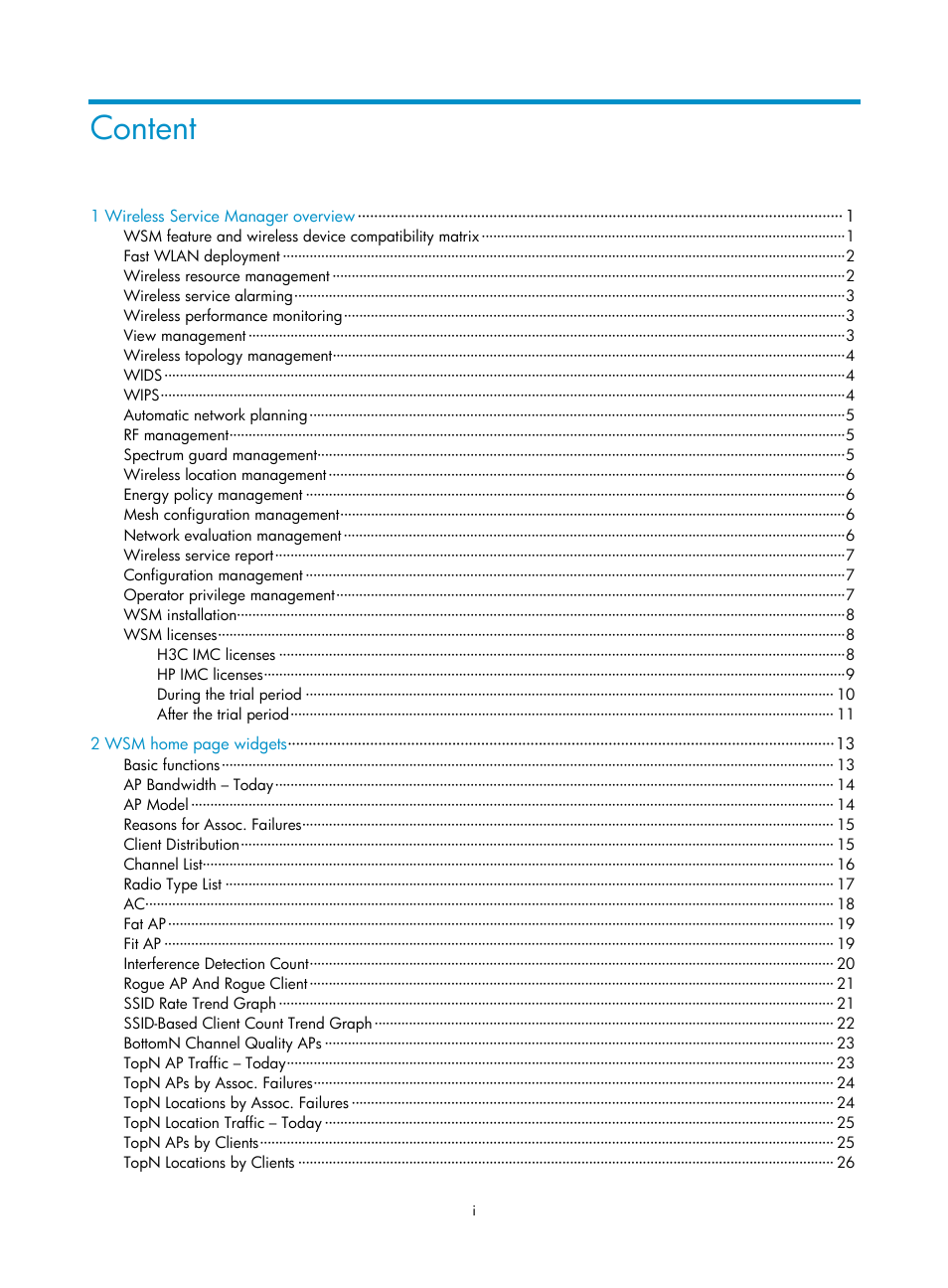 Content | H3C Technologies H3C Intelligent Management Center User Manual | Page 6 / 751