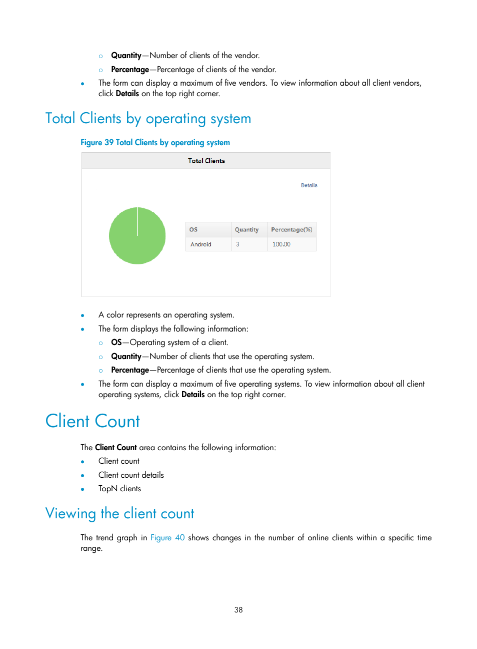 Total clients by operating system, Client count, Viewing the client count | H3C Technologies H3C Intelligent Management Center User Manual | Page 60 / 751