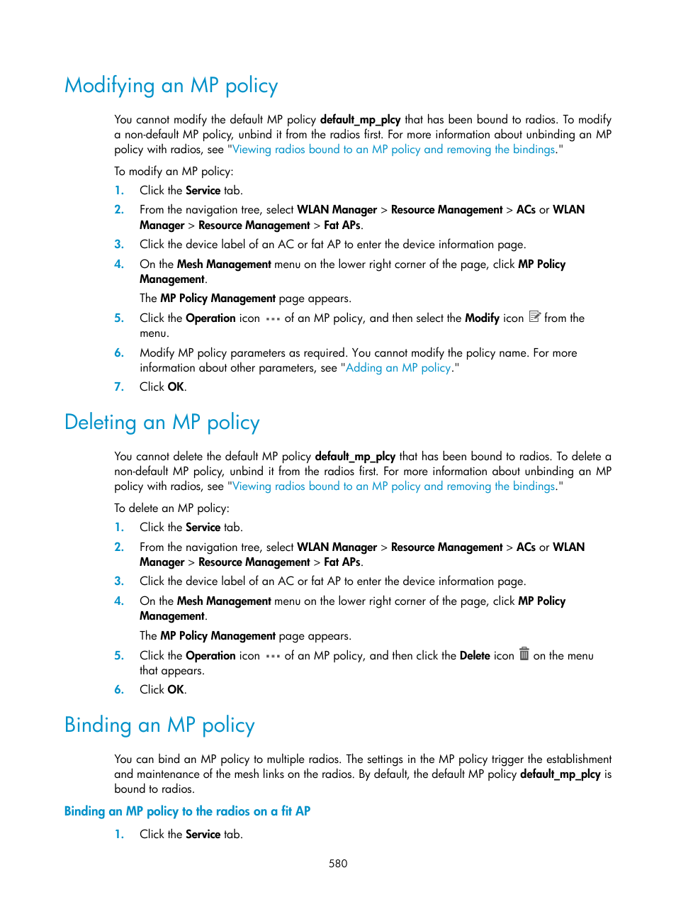 Modifying an mp policy, Deleting an mp policy, Binding an mp policy | Binding an mp policy to the radios on a fit ap | H3C Technologies H3C Intelligent Management Center User Manual | Page 602 / 751