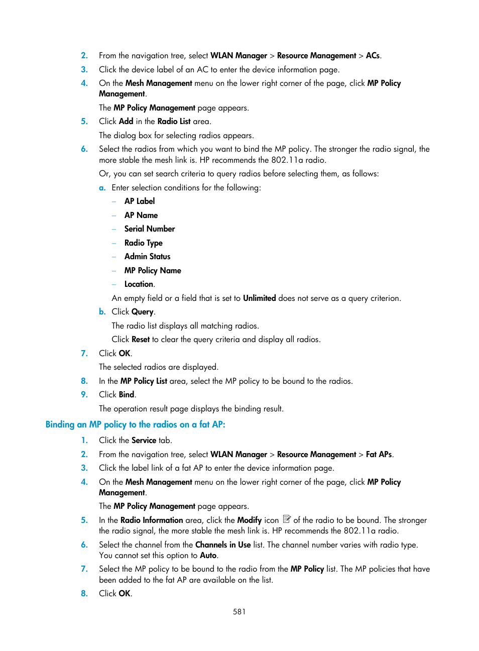 Binding an mp policy to the radios on a fat ap | H3C Technologies H3C Intelligent Management Center User Manual | Page 603 / 751