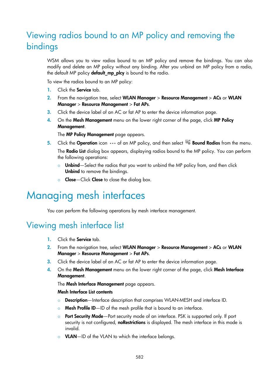 Managing mesh interfaces, Viewing mesh interface list | H3C Technologies H3C Intelligent Management Center User Manual | Page 604 / 751