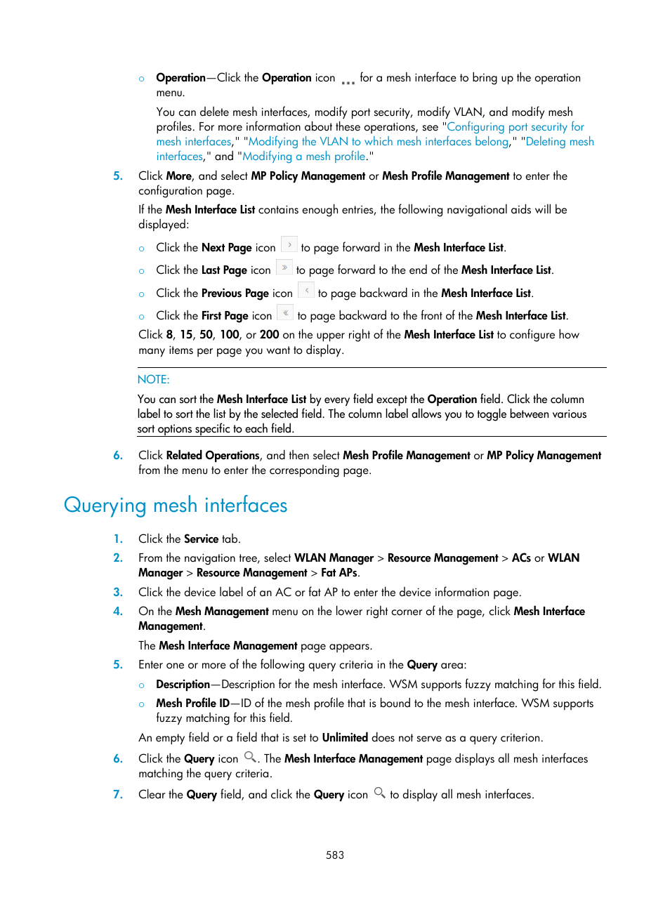 Querying mesh interfaces | H3C Technologies H3C Intelligent Management Center User Manual | Page 605 / 751