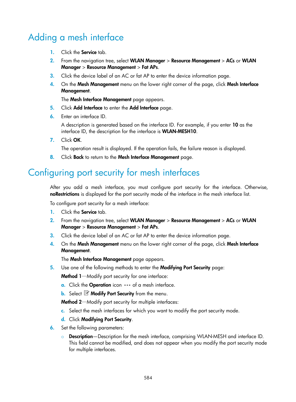 Adding a mesh interface, Configuring port security for mesh interfaces, Configuring port security for | Mesh interfaces | H3C Technologies H3C Intelligent Management Center User Manual | Page 606 / 751