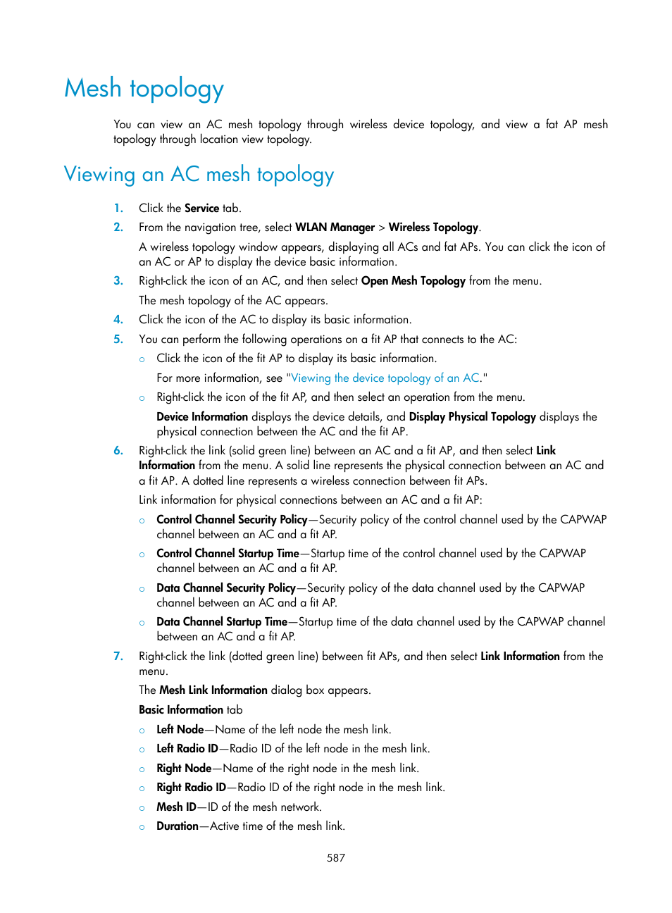 Mesh topology, Viewing an ac mesh topology | H3C Technologies H3C Intelligent Management Center User Manual | Page 609 / 751