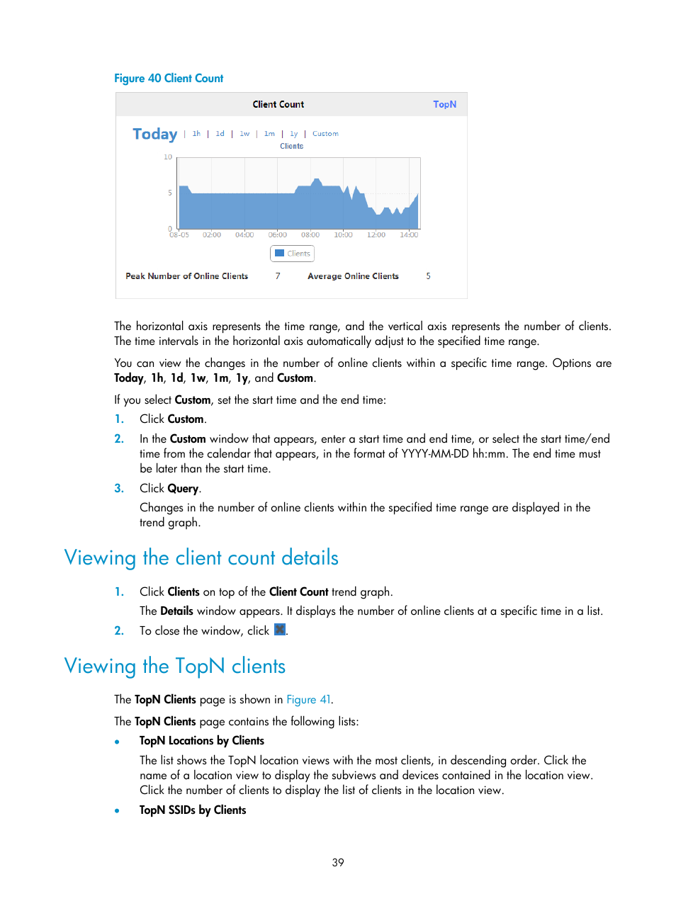 Viewing the client count details, Viewing the topn clients | H3C Technologies H3C Intelligent Management Center User Manual | Page 61 / 751