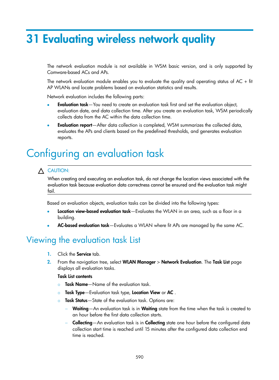 31 evaluating wireless network quality, Configuring an evaluation task, Viewing the evaluation task list | H3C Technologies H3C Intelligent Management Center User Manual | Page 612 / 751