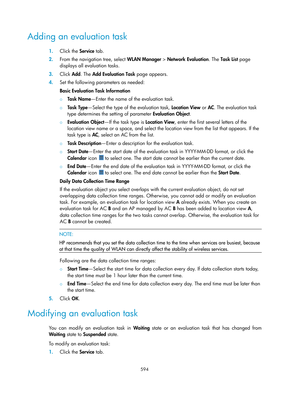 Adding an evaluation task, Modifying an evaluation task | H3C Technologies H3C Intelligent Management Center User Manual | Page 616 / 751