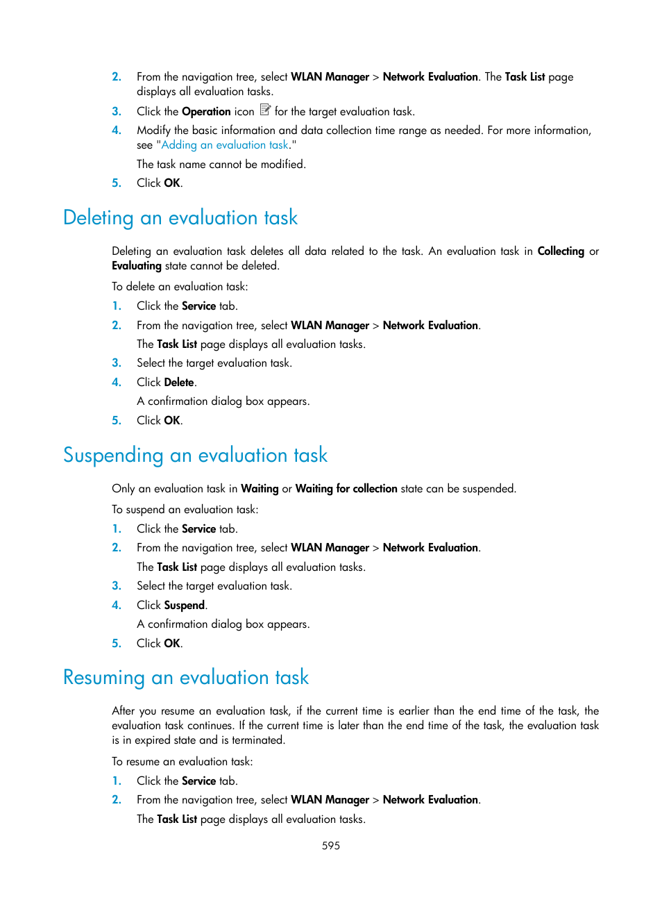 Deleting an evaluation task, Suspending an evaluation task, Resuming an evaluation task | H3C Technologies H3C Intelligent Management Center User Manual | Page 617 / 751