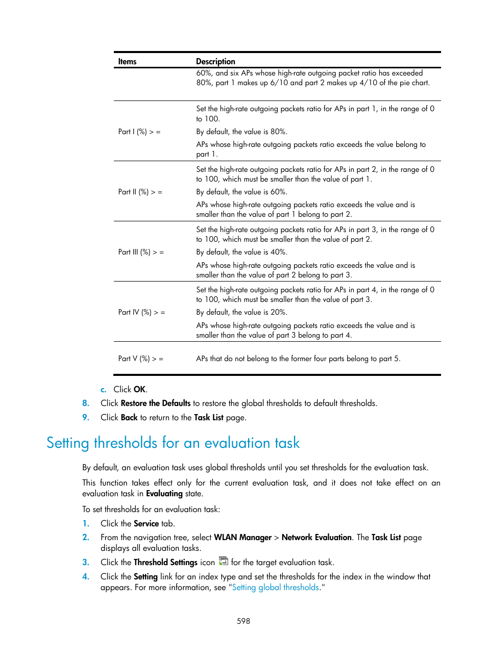 Setting thresholds for an evaluation task | H3C Technologies H3C Intelligent Management Center User Manual | Page 620 / 751