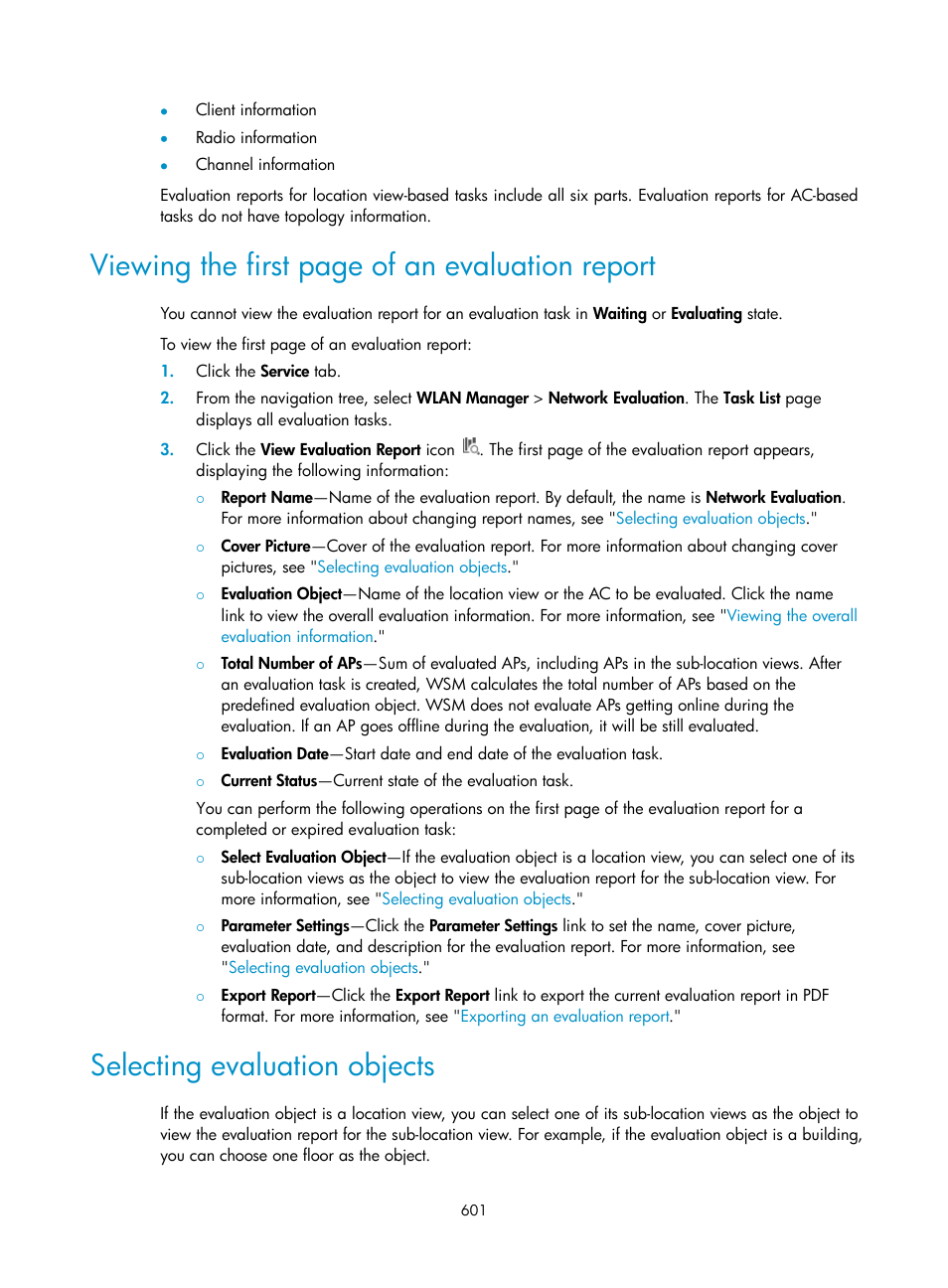 Selecting evaluation objects, Viewing the first page of an evaluation report | H3C Technologies H3C Intelligent Management Center User Manual | Page 623 / 751