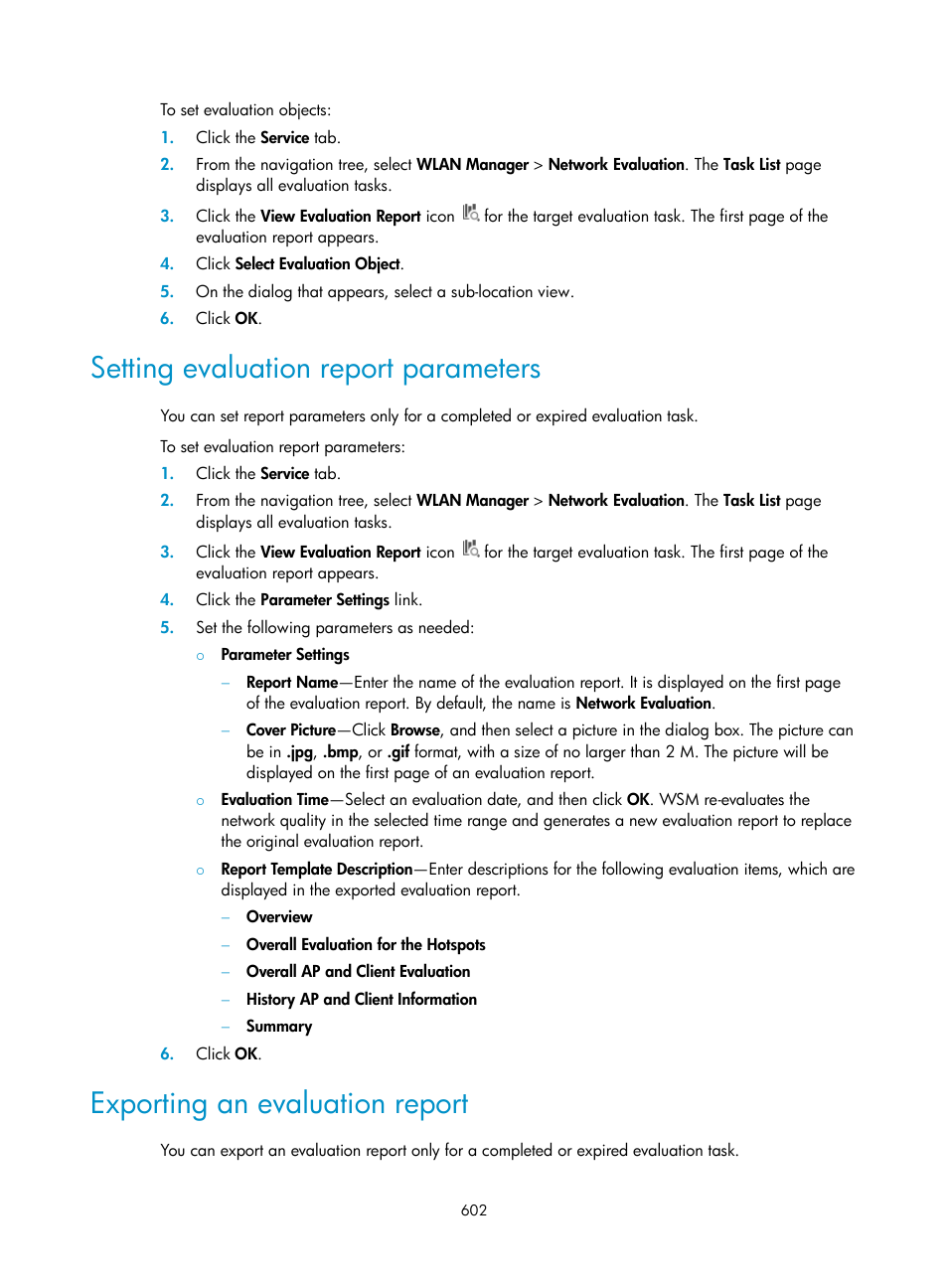 Setting evaluation report parameters, Exporting an evaluation report | H3C Technologies H3C Intelligent Management Center User Manual | Page 624 / 751