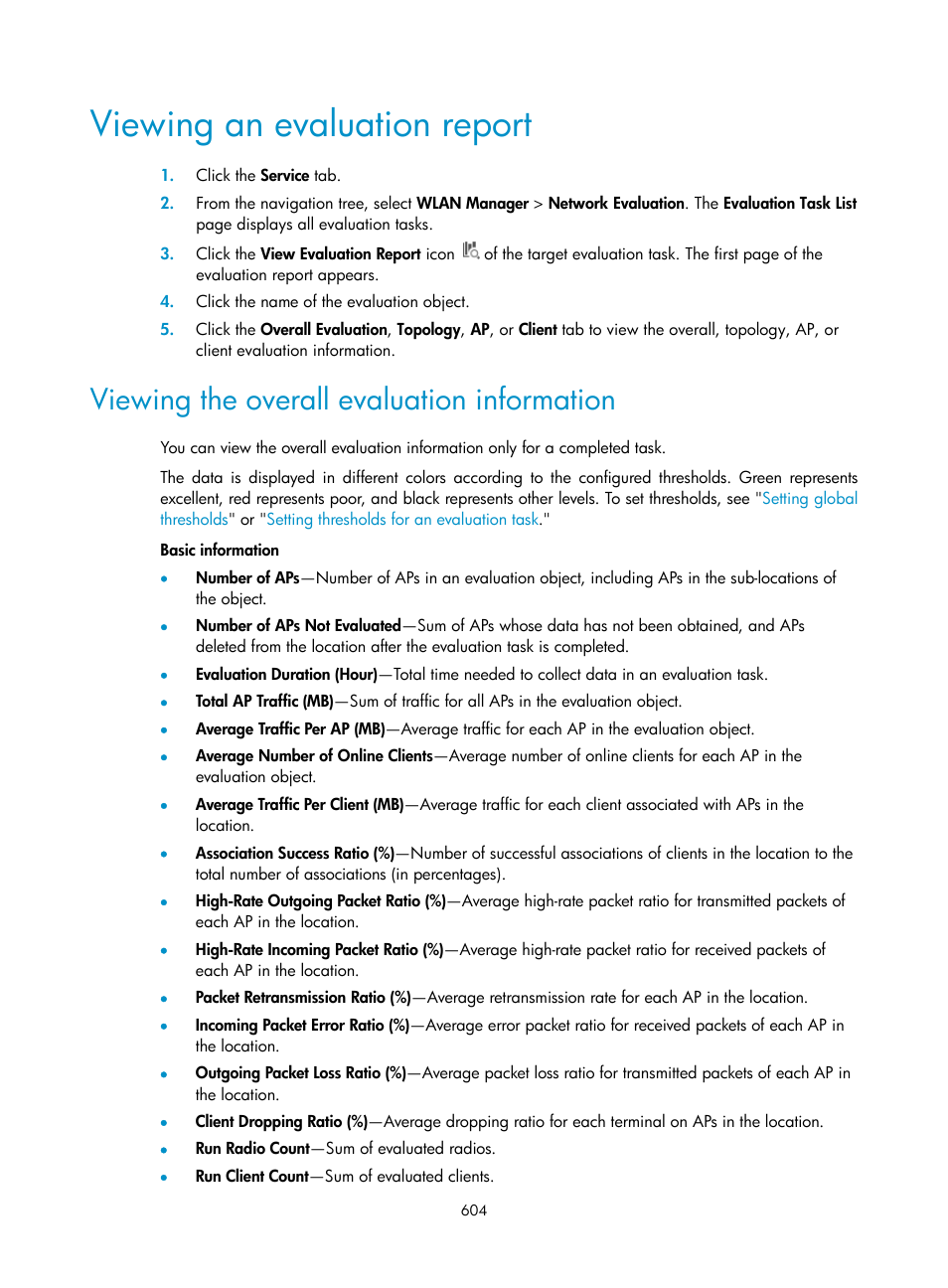 Viewing an evaluation report, Viewing the overall evaluation information, Viewing the overall | Evaluation information | H3C Technologies H3C Intelligent Management Center User Manual | Page 626 / 751