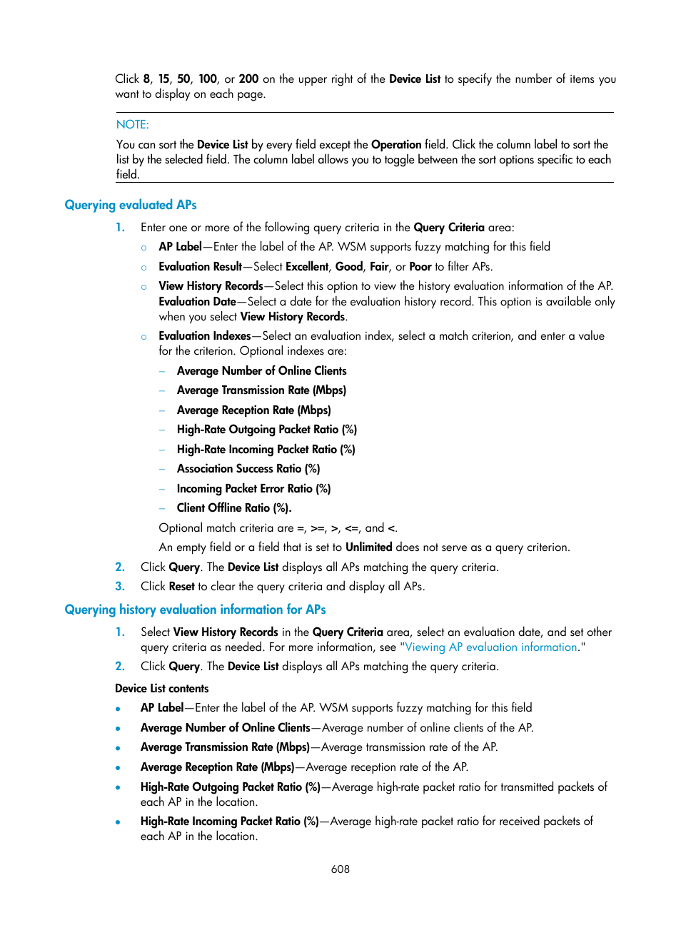 Querying evaluated aps, Querying history evaluation information for aps | H3C Technologies H3C Intelligent Management Center User Manual | Page 630 / 751