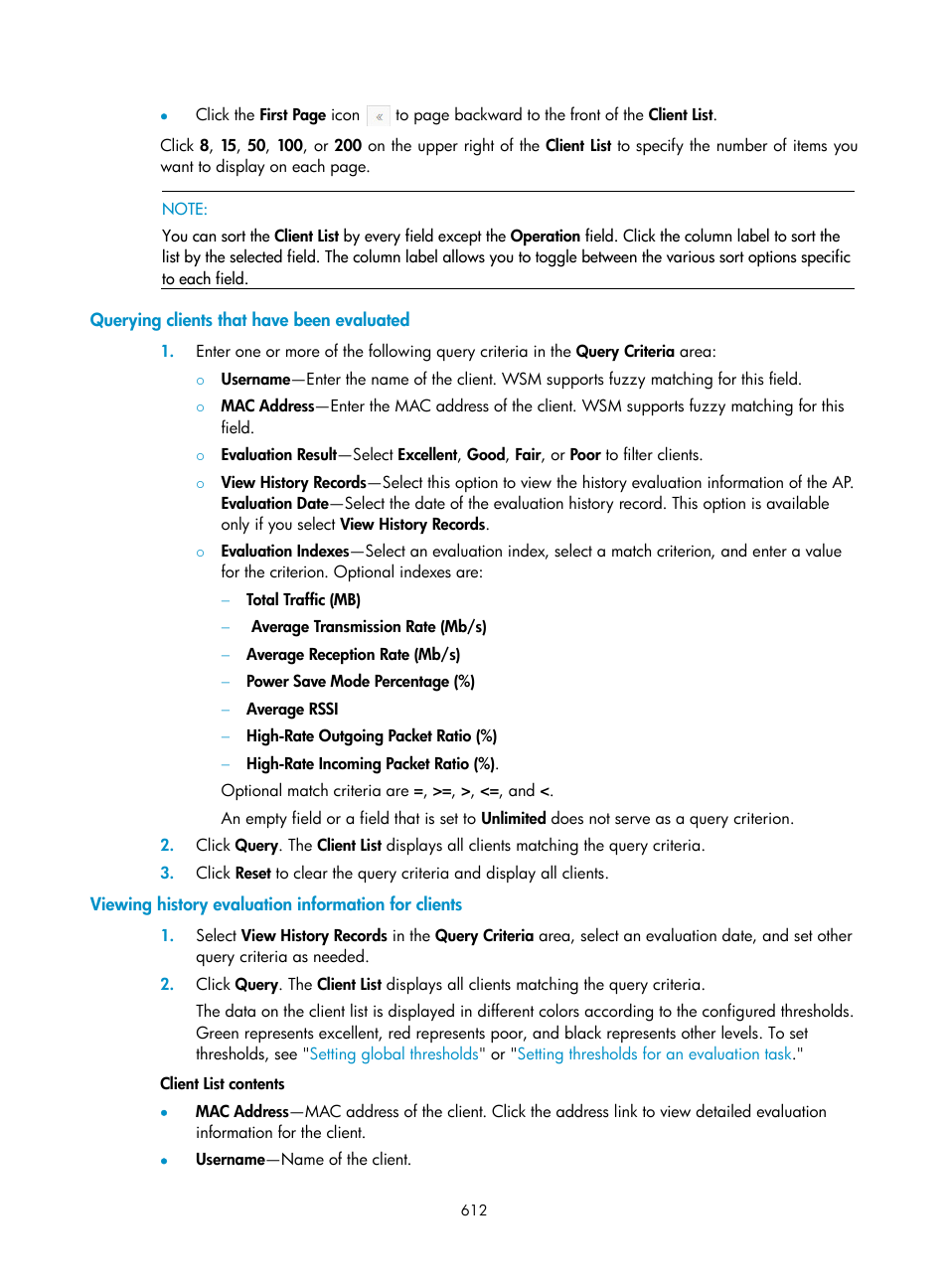 Querying clients that have been evaluated, Viewing history evaluation information for clients | H3C Technologies H3C Intelligent Management Center User Manual | Page 634 / 751