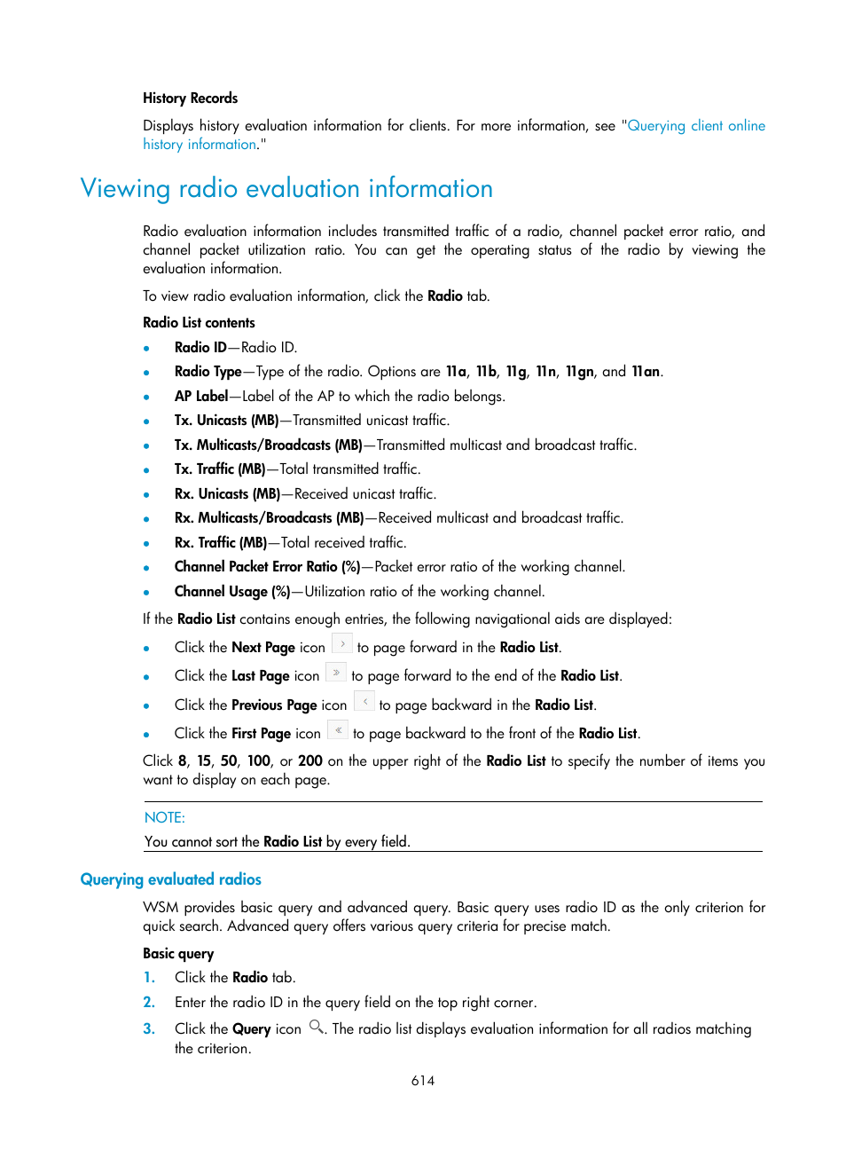 Viewing radio evaluation information, Querying evaluated radios | H3C Technologies H3C Intelligent Management Center User Manual | Page 636 / 751