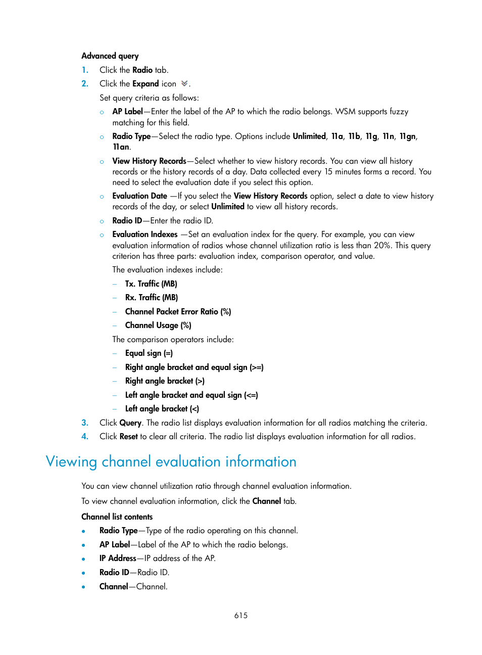 Viewing channel evaluation information | H3C Technologies H3C Intelligent Management Center User Manual | Page 637 / 751