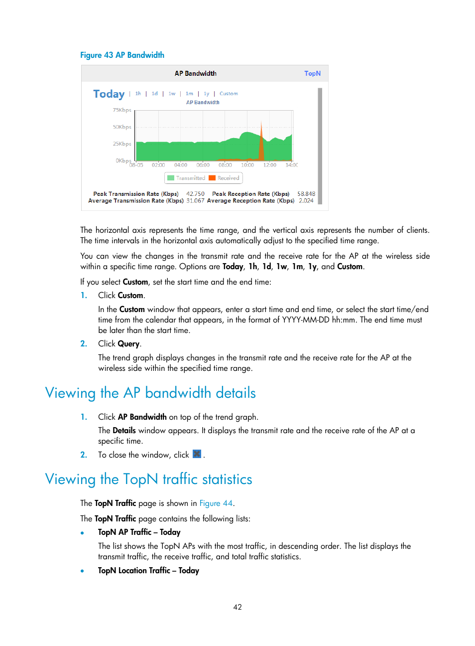 Viewing the ap bandwidth details, Viewing the topn traffic statistics | H3C Technologies H3C Intelligent Management Center User Manual | Page 64 / 751