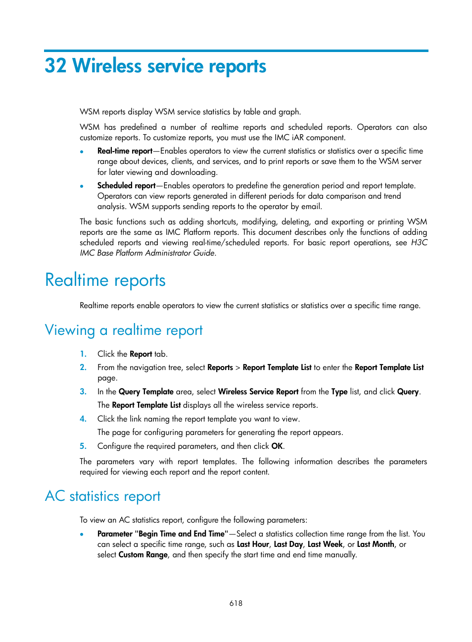 32 wireless service reports, Realtime reports, Viewing a realtime report | Ac statistics report | H3C Technologies H3C Intelligent Management Center User Manual | Page 640 / 751