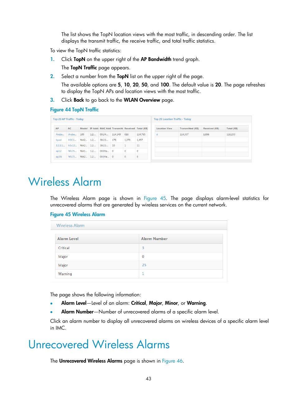 Wireless alarm, Unrecovered wireless alarms | H3C Technologies H3C Intelligent Management Center User Manual | Page 65 / 751