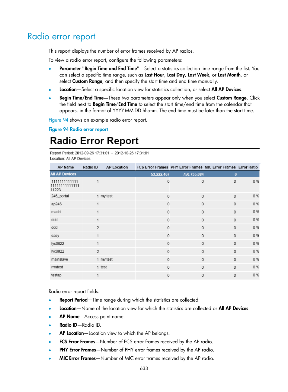 Radio error report | H3C Technologies H3C Intelligent Management Center User Manual | Page 655 / 751