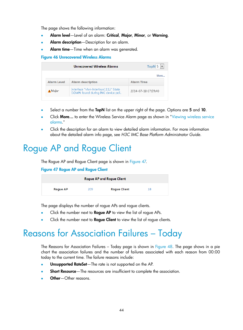 Rogue ap and rogue client, Reasons for association failures – today, Figure 46 | H3C Technologies H3C Intelligent Management Center User Manual | Page 66 / 751