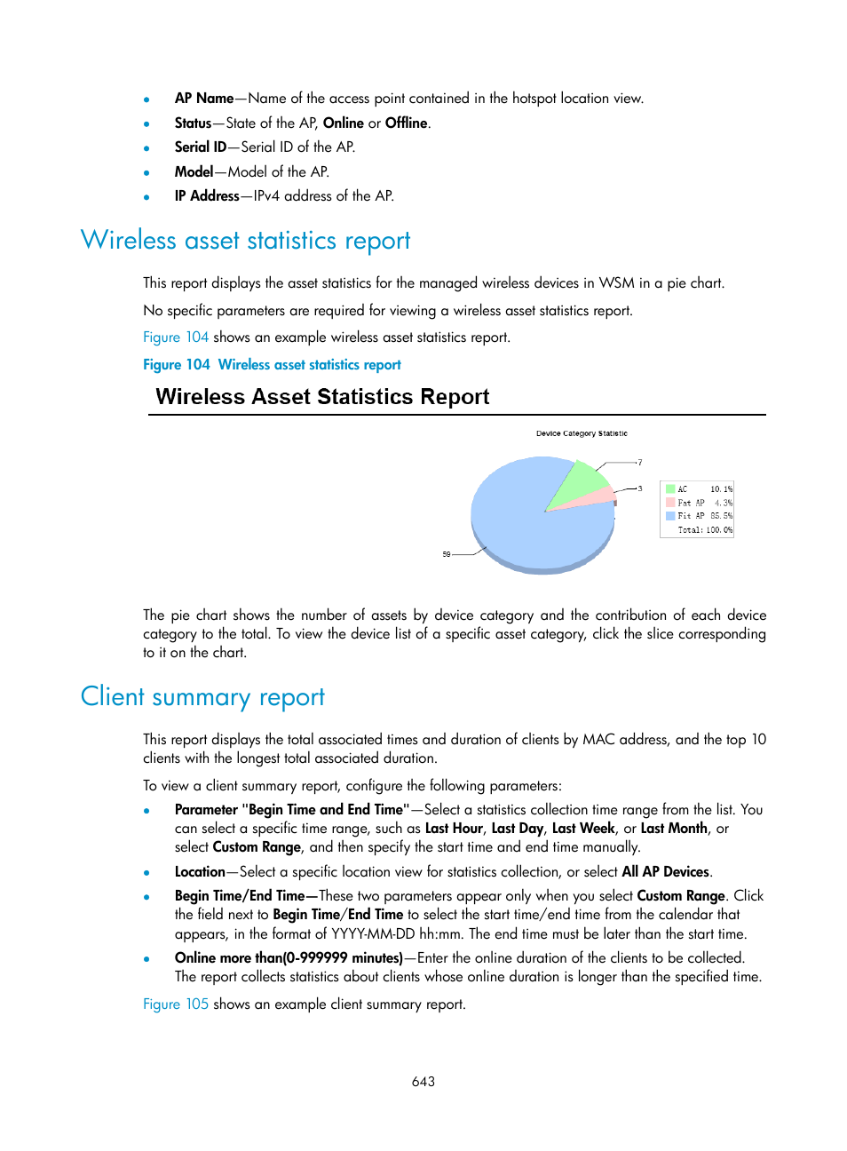 Wireless asset statistics report, Client summary report | H3C Technologies H3C Intelligent Management Center User Manual | Page 665 / 751