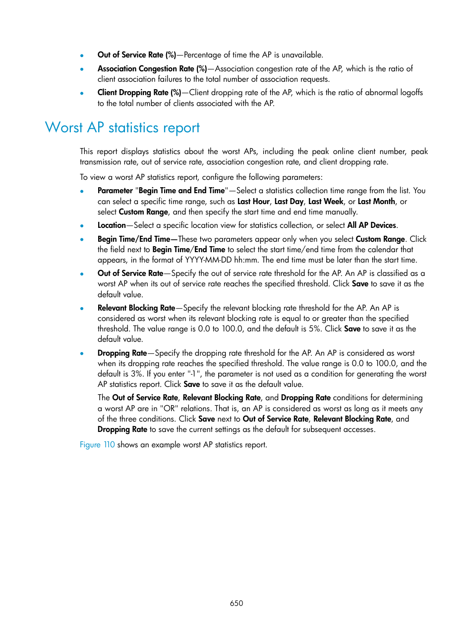 Worst ap statistics report | H3C Technologies H3C Intelligent Management Center User Manual | Page 672 / 751