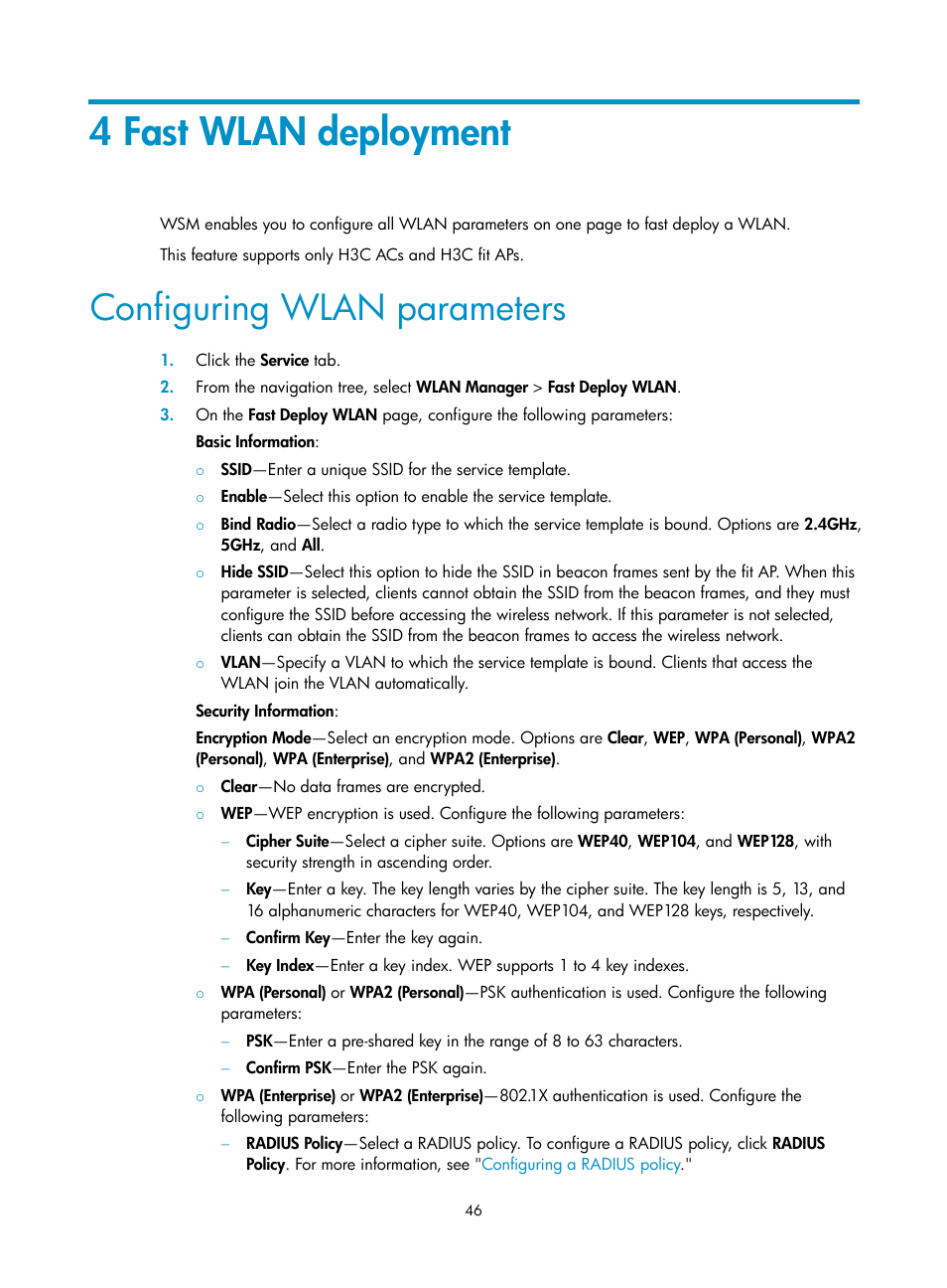 4 fast wlan deployment, Configuring wlan parameters | H3C Technologies H3C Intelligent Management Center User Manual | Page 68 / 751