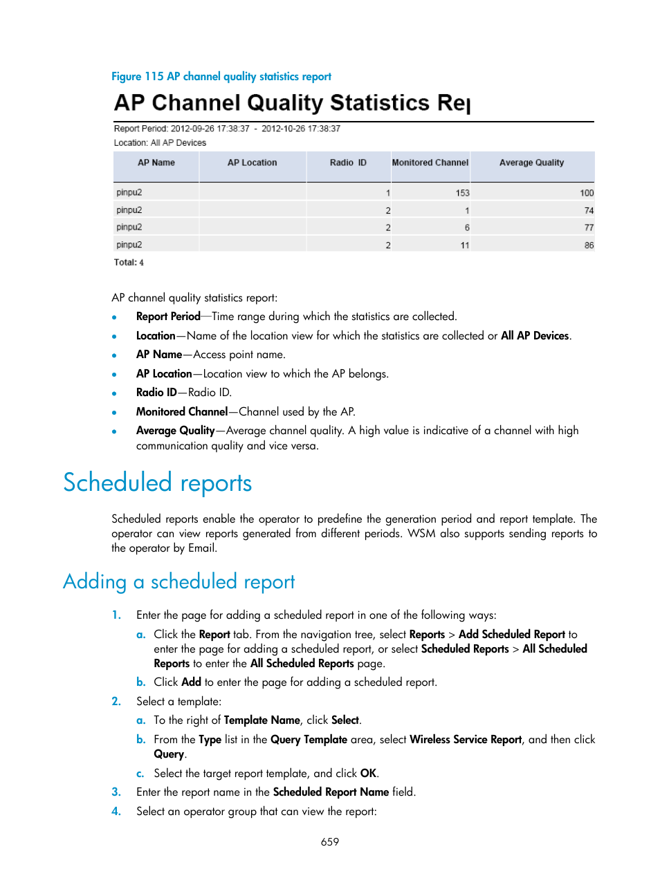 Scheduled reports, Adding a scheduled report | H3C Technologies H3C Intelligent Management Center User Manual | Page 681 / 751